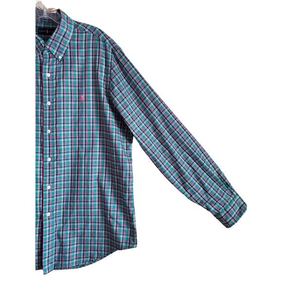 RALPH LAUREN Men's L Shirt Plaid Green Pink Button Down Pony Logo Cotton 46" - Picture 5 of 8